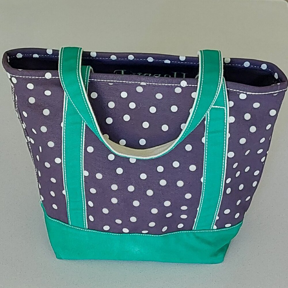 Lands End Navy Blue/Green White Polka Dot Medium Open Top Tote Bag - Picture 4 of 16
